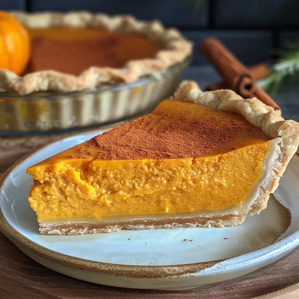 ['Close-up view of a slice of pumpkin custard pie topped with whipped cream.', 'Side view of a delectable pumpkin custard pie with a flaky crust and garnish.', 'Luscious slice of pumpkin custard pie showcasing a creamy filling and pie crust.', 'Appetizing close-up of pumpkin custard pie slice highlighting its smooth texture.']