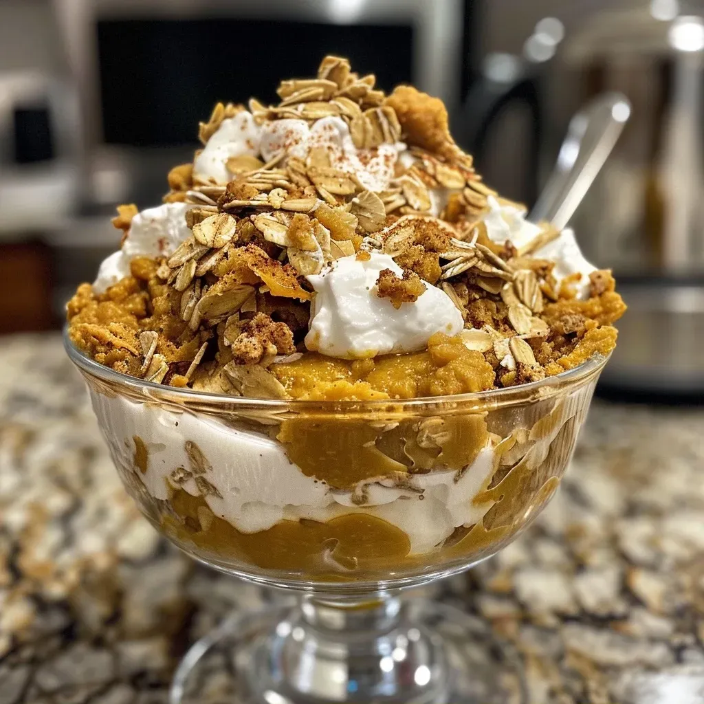 ['A close-up view of a Pumpkin Greek Yogurt Parfait layered with oats and pumpkin.', 'Side view of a creamy Pumpkin Greek Yogurt Parfait featuring vibrant pumpkin puree.', 'A detailed shot of a delicious Pumpkin Greek Yogurt Parfait with granola and spices.', 'A colorful Pumpkin Greek Yogurt Parfait showcasing oats and a creamy layer.']