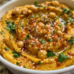 ['Close-up of creamy pumpkin hummus with a smooth texture in a bowl.', 'Side view of pumpkin hummus garnished with olive oil and pomegranate arils.', 'Bowl of pumpkin hummus with olive oil drizzle and fresh rosemary on top.', 'Creamy pumpkin hummus displayed with sliced apples and pita chips around.']