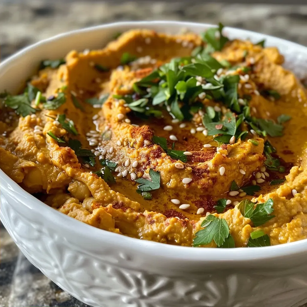 ['Close-up of creamy pumpkin hummus with a smooth texture in a bowl.', 'Side view of pumpkin hummus garnished with olive oil and pomegranate arils.', 'Bowl of pumpkin hummus with olive oil drizzle and fresh rosemary on top.', 'Creamy pumpkin hummus displayed with sliced apples and pita chips around.']