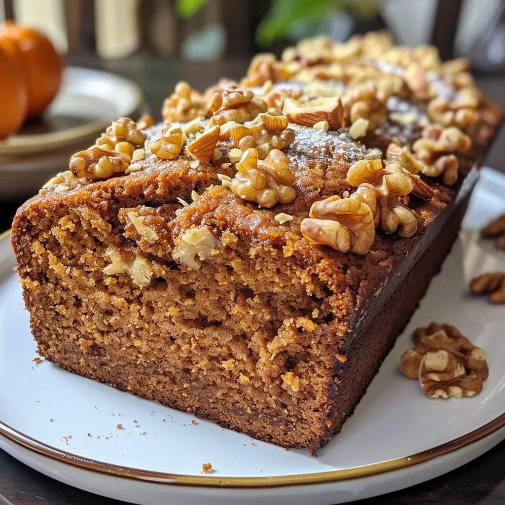 ['A close-up view of a slice of pumpkin maple walnut loaf showcasing its moist texture and nutty topping.', 'A side view of a freshly baked pumpkin loaf with visible walnuts and a rich, golden-brown crust.', 'A detailed image of a pumpkin loaf highlighting its fluffy interior and the glaze of maple syrup.', 'A close-up of pumpkin walnut loaf with a soft slice revealing the ingredients like walnuts and spices.']