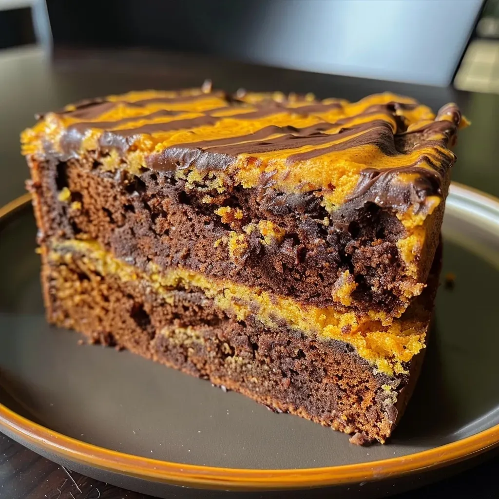 ['Close-up view of a moist Pumpkin Marble Cake, showcasing swirls of pumpkin and chocolate.', 'Side angle of a beautifully layered Pumpkin Marble Cake, emphasizing its rich texture.', 'Detailed shot of a slice of Pumpkin Marble Cake revealing a marbled pattern of pumpkin and cocoa.', 'Close-up of a portion of Pumpkin Marble Cake, highlighting its glossy chocolate topping and moist crumb.']