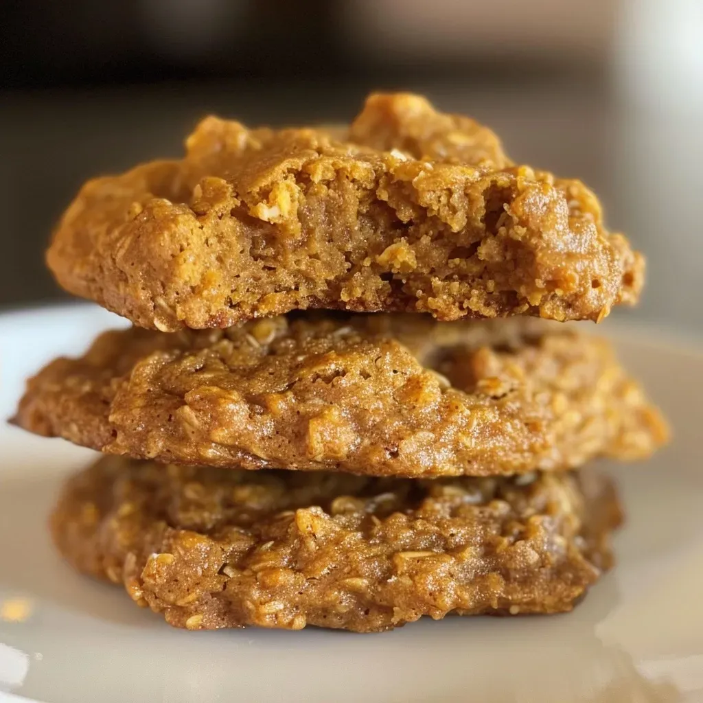 ['Close-up side view of soft and chewy pumpkin oatmeal cookies on a plate.', 'Juicy pumpkin oatmeal cookies with a golden-brown exterior, highlighted in a side view.', 'Delicious looking pumpkin oatmeal cookies arranged nicely, showcasing their chewy texture.', 'Side view of warm pumpkin oatmeal cookies, emphasizing their soft and inviting appearance.']