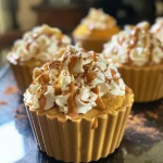 ['Close-up view of layered Pumpkin Pie Mousse Cups with vibrant orange and cream colors.', 'Side view of individual Pumpkin Pie Mousse Cups topped with whipped cream and a sprinkle of spices.', 'Detail shot of delicious Pumpkin Pie Mousse Cups showcasing their creamy texture and pumpkin color.', 'Artistic presentation of Pumpkin Pie Mousse Cups highlighted against a simple background.']