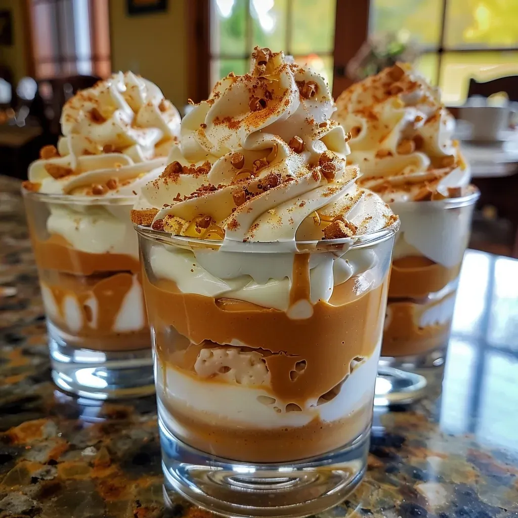 ['Close-up view of layered Pumpkin Pie Mousse Cups with vibrant orange and cream colors.', 'Side view of individual Pumpkin Pie Mousse Cups topped with whipped cream and a sprinkle of spices.', 'Detail shot of delicious Pumpkin Pie Mousse Cups showcasing their creamy texture and pumpkin color.', 'Artistic presentation of Pumpkin Pie Mousse Cups highlighted against a simple background.']