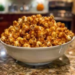 ['Close-up side view of caramel corn coated in pumpkin pie spice.', 'Juicy, golden caramel corn with a sprinkling of pumpkin pie spice.', 'A detailed shot of pumpkin pie spiced caramel corn in a bowl.', 'Side view of crunchy caramel corn with vibrant pumpkin pie flavors.']