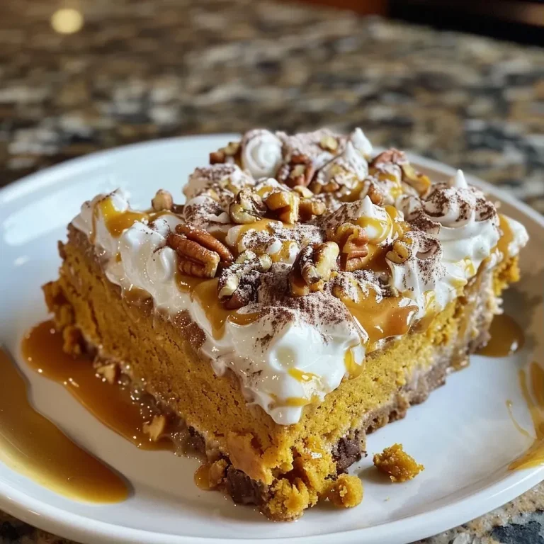 ['Close-up view of a luscious pumpkin poke cake with creamy topping and garnishes.', 'Side view of a moist pumpkin poke cake drizzled with caramel and sprinkled with nuts.', 'A delicious slice of pumpkin poke cake topped with whipped cream and cinnamon sticks.', 'Irresistible pumpkin poke cake with rich layers and decorative toppings on a plate.']