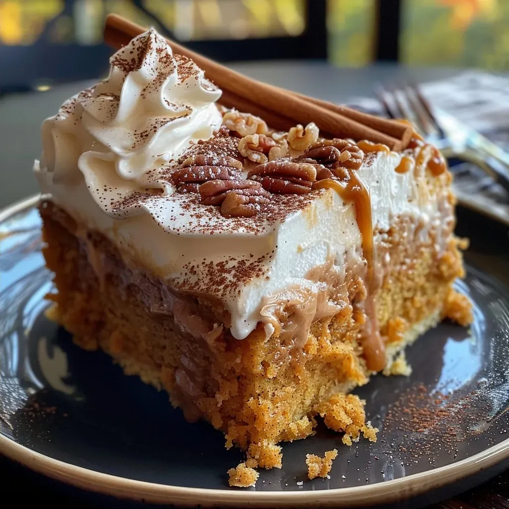 ['Close-up view of a luscious pumpkin poke cake with creamy topping and garnishes.', 'Side view of a moist pumpkin poke cake drizzled with caramel and sprinkled with nuts.', 'A delicious slice of pumpkin poke cake topped with whipped cream and cinnamon sticks.', 'Irresistible pumpkin poke cake with rich layers and decorative toppings on a plate.']