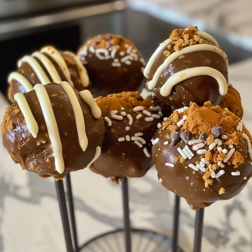 ['Close-up view of delicious Pumpkin Protein Cake Pops with a rich texture and vibrant color.', 'Side view of a plate of juicy Pumpkin Protein Cake Pops, showcasing their smooth surface and appealing design.', 'Detailed shot of Pumpkin Protein Cake Pops, highlighting their creamy coating and decorative chocolate chips.', 'Mouthwatering close-up of a Pumpkin Protein Cake Pop, featuring a mix of flavors and a glossy finish.']