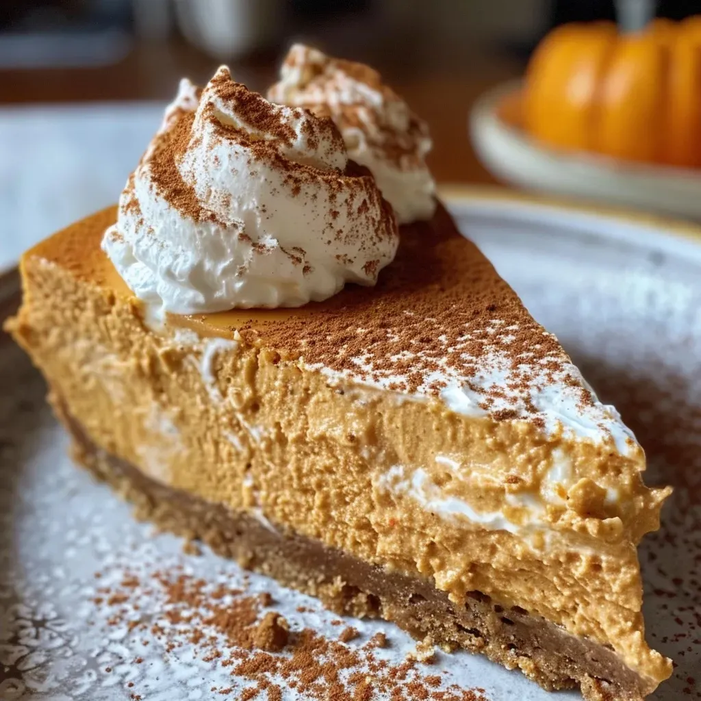 ['Side view of a creamy pumpkin protein cheesecake topped with a sprinkle of cinnamon.', 'Close-up of a slice of pumpkin protein cheesecake on a plate, showcasing its smooth texture.', 'Pumpkin protein cheesecake displayed on a table, emphasizing its rich orange color and creamy layers.', 'A delicious piece of pumpkin protein cheesecake with a creamy filling and a dusting of spices.']