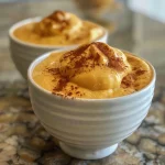 ['Close-up view of a creamy pumpkin protein custard in a bowl.', 'Side view of a delicious pumpkin protein custard topped with spices.', 'Juicy pumpkin protein custard with a smooth texture presented in a dish.', 'A vibrant pumpkin protein custard displayed elegantly on a table.']