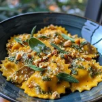 ['Close-up view of pumpkin ravioli garnished with sage and brown butter sauce.', 'Juicy pumpkin ravioli presented in a sage brown butter sauce with nuts.', 'Side angle of ravioli covered in a rich brown butter sauce with fresh sage.', 'Delicious pumpkin ravioli drizzled with brown butter and topped with hazelnuts.']