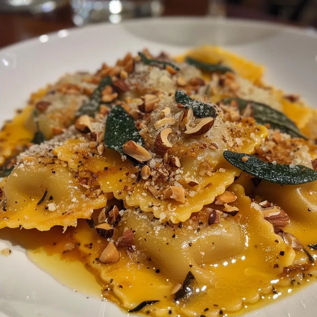['Close-up view of pumpkin ravioli garnished with sage and brown butter sauce.', 'Juicy pumpkin ravioli presented in a sage brown butter sauce with nuts.', 'Side angle of ravioli covered in a rich brown butter sauce with fresh sage.', 'Delicious pumpkin ravioli drizzled with brown butter and topped with hazelnuts.']