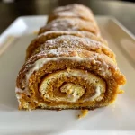 ['Close-up view of a delicious pumpkin roll dessert with cream cheese filling.', 'Side angle of a freshly baked pumpkin roll topped with powdered sugar.', 'Sliced pumpkin roll showcasing its creamy filling and moist texture.', 'Detailed image of a pumpkin roll on a plate, highlighting its rich color.']