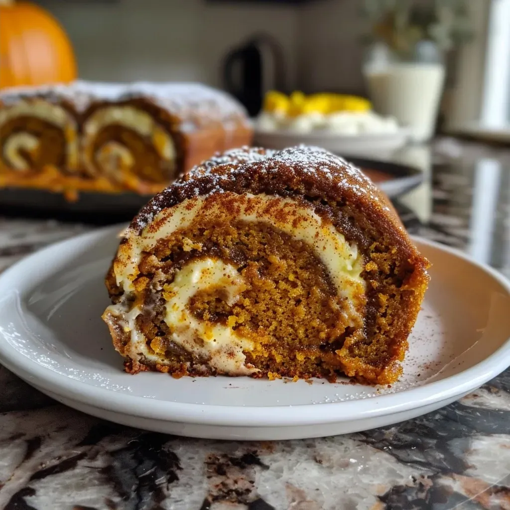 ['Close-up view of a delicious pumpkin roll dessert with cream cheese filling.', 'Side angle of a freshly baked pumpkin roll topped with powdered sugar.', 'Sliced pumpkin roll showcasing its creamy filling and moist texture.', 'Detailed image of a pumpkin roll on a plate, highlighting its rich color.']