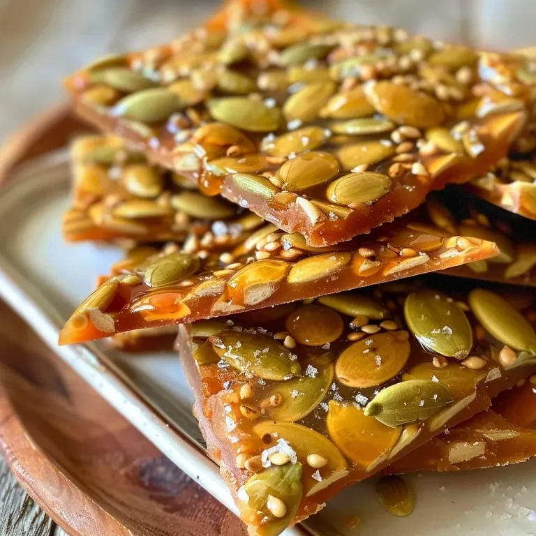 ['Close-up view of golden pumpkin seed brittle with a shiny surface and sea salt topping.', 'Side view of a piece of pumpkin seed brittle showcasing its crunchy texture and toppings.', 'A detailed image of pumpkin seed brittle highlighting roasted pumpkin seeds and a glossy finish.', 'Close-up of a slice of pumpkin seed brittle with visible spices and a sprinkle of sea salt.']