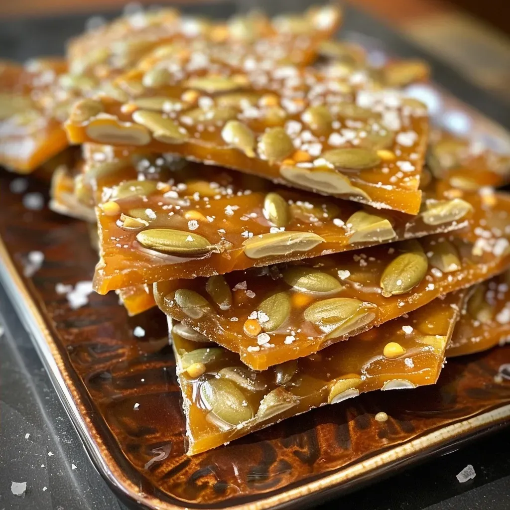 ['Close-up view of golden pumpkin seed brittle with a shiny surface and sea salt topping.', 'Side view of a piece of pumpkin seed brittle showcasing its crunchy texture and toppings.', 'A detailed image of pumpkin seed brittle highlighting roasted pumpkin seeds and a glossy finish.', 'Close-up of a slice of pumpkin seed brittle with visible spices and a sprinkle of sea salt.']