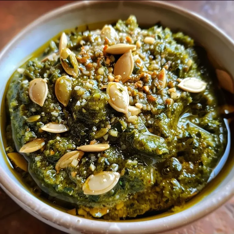 ['Close-up view of a vibrant green pumpkin seed pesto in a bowl.', 'A colorful presentation of pumpkin seed pesto with fresh herbs and garlic in focus.', 'Side view of a creamy pumpkin seed pesto surrounded by its fresh ingredients.', 'Rich green pumpkin seed pesto displayed with basil, parsley, and garlic cloves nearby.']