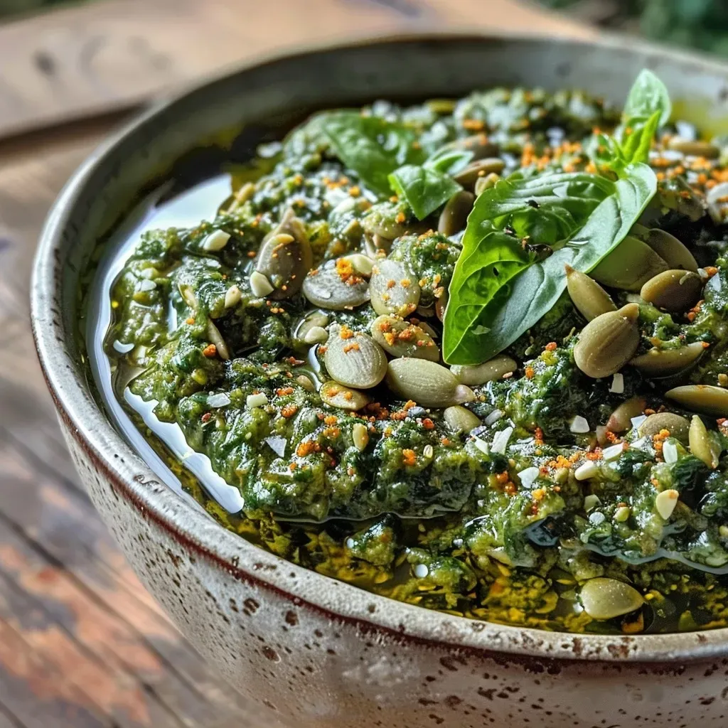 ['Close-up view of a vibrant green pumpkin seed pesto in a bowl.', 'A colorful presentation of pumpkin seed pesto with fresh herbs and garlic in focus.', 'Side view of a creamy pumpkin seed pesto surrounded by its fresh ingredients.', 'Rich green pumpkin seed pesto displayed with basil, parsley, and garlic cloves nearby.']