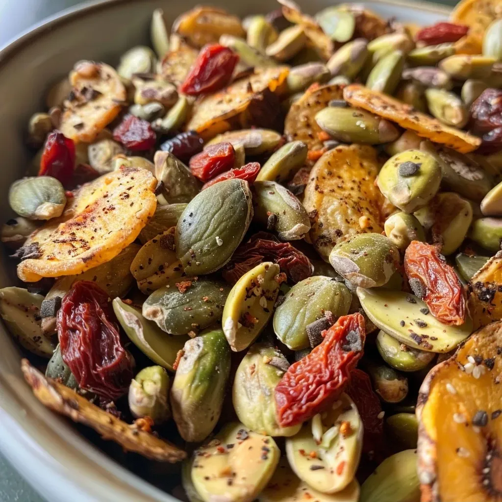 Close-up view of colorful Pumpkin Seed Trail Mix with various ingredients.