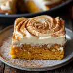 ['Side view of a moist pumpkin sheet cake topped with creamy frosting.', 'Close-up of a pumpkin sheet cake with a layer of cream cheese frosting.', 'Juicy pumpkin sheet cake displayed with rich cream cheese icing.', 'Detailed view of pumpkin sheet cake featuring luscious cream cheese topping.']