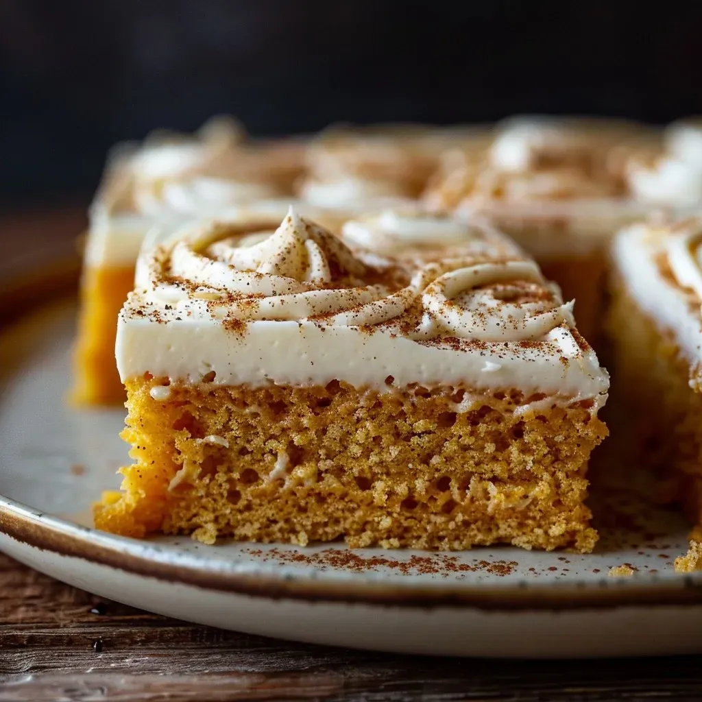 ['Side view of a moist pumpkin sheet cake topped with creamy frosting.', 'Close-up of a pumpkin sheet cake with a layer of cream cheese frosting.', 'Juicy pumpkin sheet cake displayed with rich cream cheese icing.', 'Detailed view of pumpkin sheet cake featuring luscious cream cheese topping.']