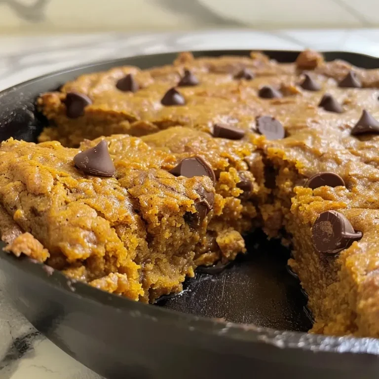 ['A close-up side view of a freshly baked Pumpkin Skillet Cookie with dark chocolate chips.', 'A warm, golden-brown Pumpkin Skillet Cookie served in a cast iron skillet, showcasing its gooey texture.', 'A delicious Pumpkin Skillet Cookie with melting chocolate chips, set against a rustic kitchen background.', 'A side view of a Pumpkin Skillet Cookie, highlighting its soft, inviting appearance and rich ingredients.']