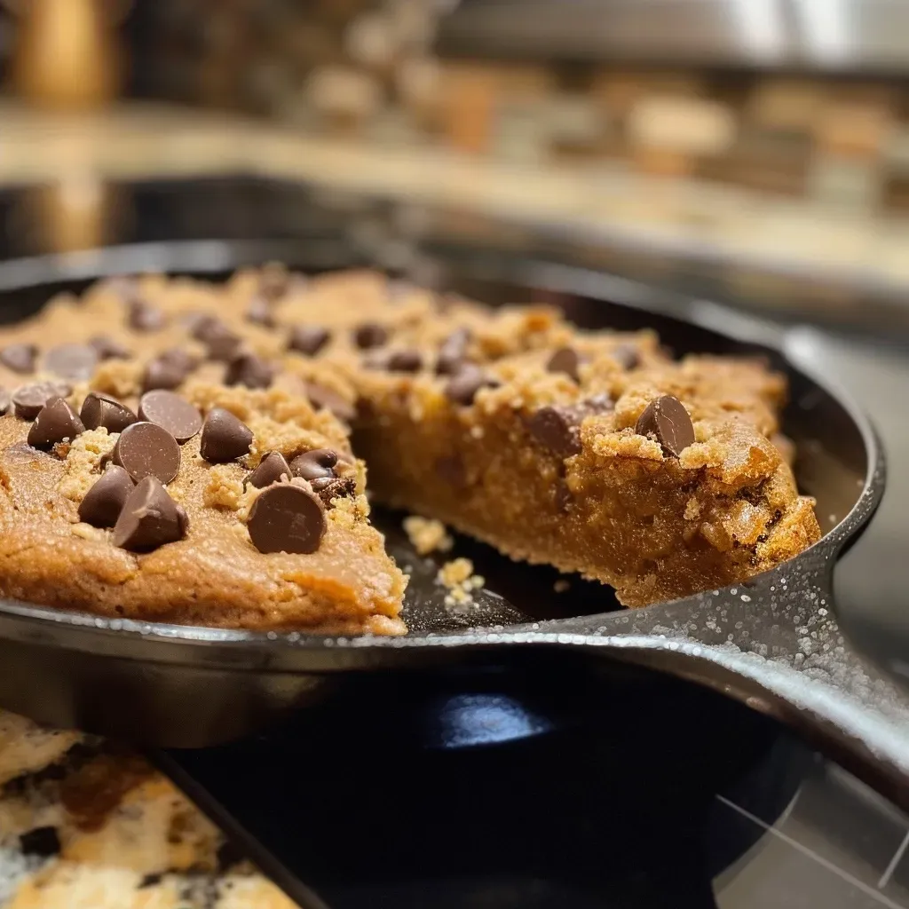 ['A close-up side view of a freshly baked Pumpkin Skillet Cookie with dark chocolate chips.', 'A warm, golden-brown Pumpkin Skillet Cookie served in a cast iron skillet, showcasing its gooey texture.', 'A delicious Pumpkin Skillet Cookie with melting chocolate chips, set against a rustic kitchen background.', 'A side view of a Pumpkin Skillet Cookie, highlighting its soft, inviting appearance and rich ingredients.']