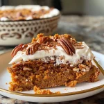 ['Close-up side view of a moist, layered pumpkin spice cake with frosting.', 'Side view of a delicious pumpkin spice cake decorated with cream on top.', 'Appetizing slice of pumpkin spice cake showcasing its soft texture and spiced layers.', 'A juicy piece of pumpkin spice cake on a white plate, highlighting its rich color.']