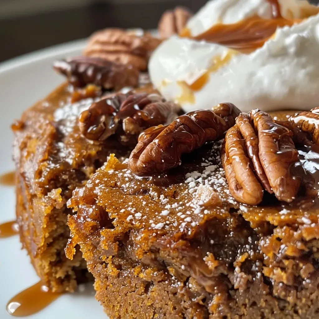 ['Close-up side view of a moist, layered pumpkin spice cake with frosting.', 'Side view of a delicious pumpkin spice cake decorated with cream on top.', 'Appetizing slice of pumpkin spice cake showcasing its soft texture and spiced layers.', 'A juicy piece of pumpkin spice cake on a white plate, highlighting its rich color.']