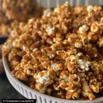 ['A close-up view of Pumpkin Spice Caramel Corn in a decorative bowl.', 'A side angle of caramel-coated popcorn sprinkled with pumpkin spice.', 'A detailed image of crunchy popcorn with a golden caramel drizzle and pumpkin spice.', 'An appetizing display of Pumpkin Spice Caramel Corn with a rich, shiny glaze.']