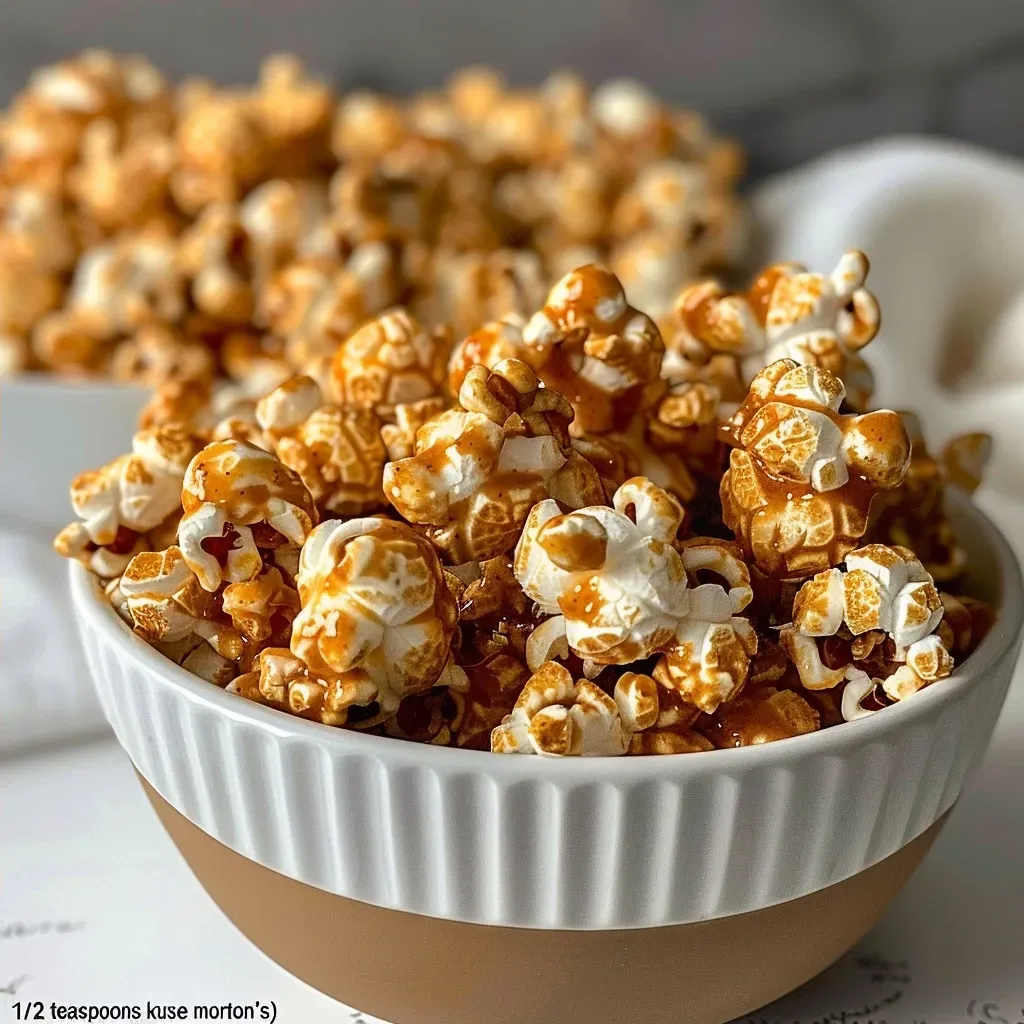 ['A close-up view of Pumpkin Spice Caramel Corn in a decorative bowl.', 'A side angle of caramel-coated popcorn sprinkled with pumpkin spice.', 'A detailed image of crunchy popcorn with a golden caramel drizzle and pumpkin spice.', 'An appetizing display of Pumpkin Spice Caramel Corn with a rich, shiny glaze.']