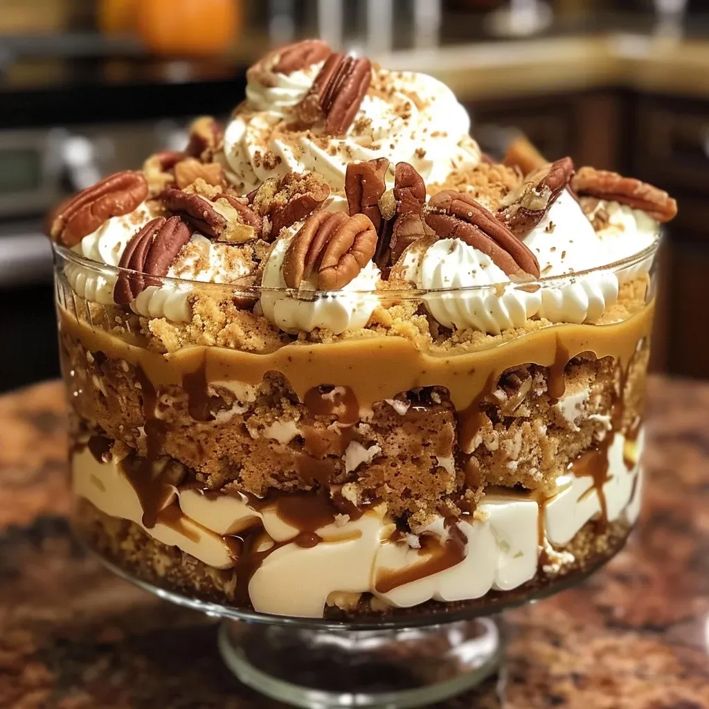 ['Close-up view of a Pumpkin Spice Cheesecake Trifle, showcasing layers of creamy cheesecake and pumpkin filling.', 'Side view of a Pumpkin Spice Cheesecake Trifle with caramel drizzle and a sprinkle of chopped pecans.', 'Detailed image of a Pumpkin Spice Cheesecake Trifle highlighting the whipped topping and gingersnap cookie garnish.', 'A delicious Pumpkin Spice Cheesecake Trifle with vibrant layers and a rich caramel sauce topping.']