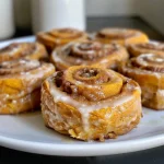 ['Close-up of a fluffy pumpkin spice cinnamon roll with cream cheese frosting.', 'Side view of a warm pumpkin spice cinnamon roll drizzled with icing.', 'Soft and gooey pumpkin spice cinnamon rolls topped with a rich cream cheese glaze.', 'A deliciously rich cinnamon roll flavored with pumpkin spice, showcasing its layers.']