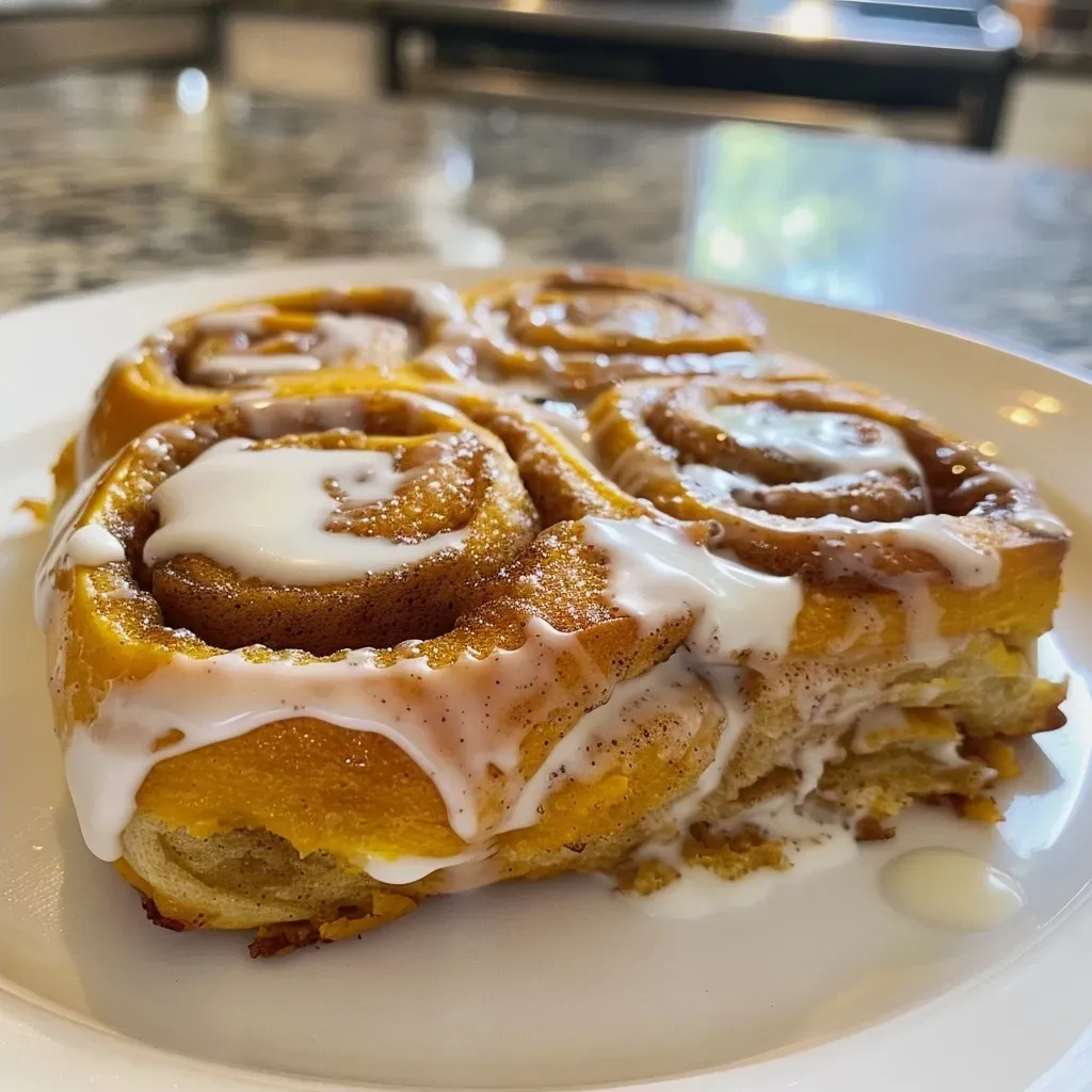 ['Close-up of a fluffy pumpkin spice cinnamon roll with cream cheese frosting.', 'Side view of a warm pumpkin spice cinnamon roll drizzled with icing.', 'Soft and gooey pumpkin spice cinnamon rolls topped with a rich cream cheese glaze.', 'A deliciously rich cinnamon roll flavored with pumpkin spice, showcasing its layers.']