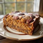 ['Close-up of a slice of Pumpkin Spice Coffee Cake with a moist texture and topped with a light glaze.', 'Side view of Pumpkin Spice Coffee Cake showing its layered structure and nutty pecan topping.', 'A delicious piece of Pumpkin Spice Coffee Cake with visible spices and a drizzle of maple syrup.', 'A slice of Pumpkin Spice Coffee Cake on a plate, highlighting its pumpkin color and crumbly texture.']