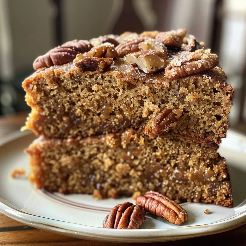 ['Close-up view of a moist slice of Pumpkin Spice Coffee Cake with pecans.', 'Side view of a delicious pumpkin spice coffee cake, showcasing its texture and ingredients.', 'Juicy Pumpkin Spice Coffee Cake slice with a crumbly top and visible spices.', 'Rich pumpkin coffee cake with a sprinkle of powdered sugar and a side of pecans.']