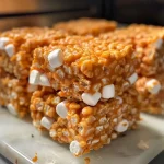 ['Close-up of Pumpkin Spice Crispy Rice Treats with a golden hue and marshmallow texture.', 'Side view of deliciously gooey Pumpkin Spice Crispy Rice Treats arranged neatly.', 'Tantalizing Pumpkin Spice Crispy Rice Treats featuring a rich orange color and white chocolate drizzles.', 'Appetizing Pumpkin Spice Crispy Rice Treats showing a textured surface and seasonal spices.']