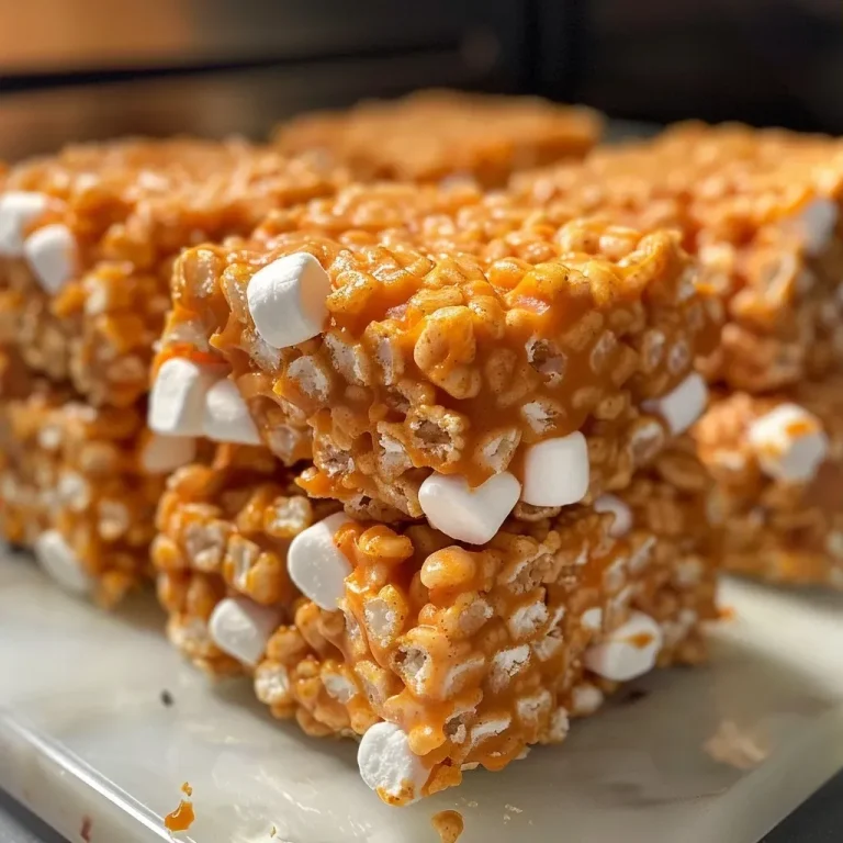 ['Close-up of Pumpkin Spice Crispy Rice Treats with a golden hue and marshmallow texture.', 'Side view of deliciously gooey Pumpkin Spice Crispy Rice Treats arranged neatly.', 'Tantalizing Pumpkin Spice Crispy Rice Treats featuring a rich orange color and white chocolate drizzles.', 'Appetizing Pumpkin Spice Crispy Rice Treats showing a textured surface and seasonal spices.']