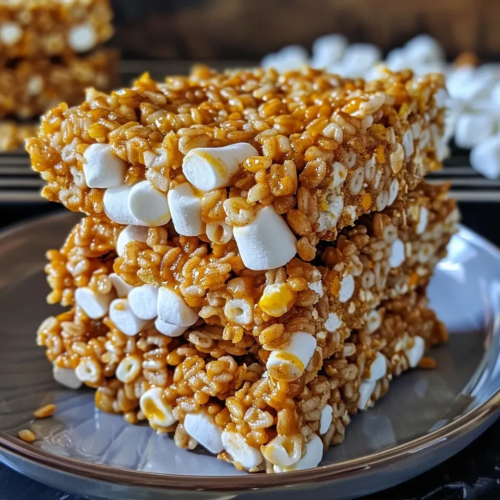 Close-up of Pumpkin Spice Crispy Rice Treats with a golden hue and marshmallow texture.