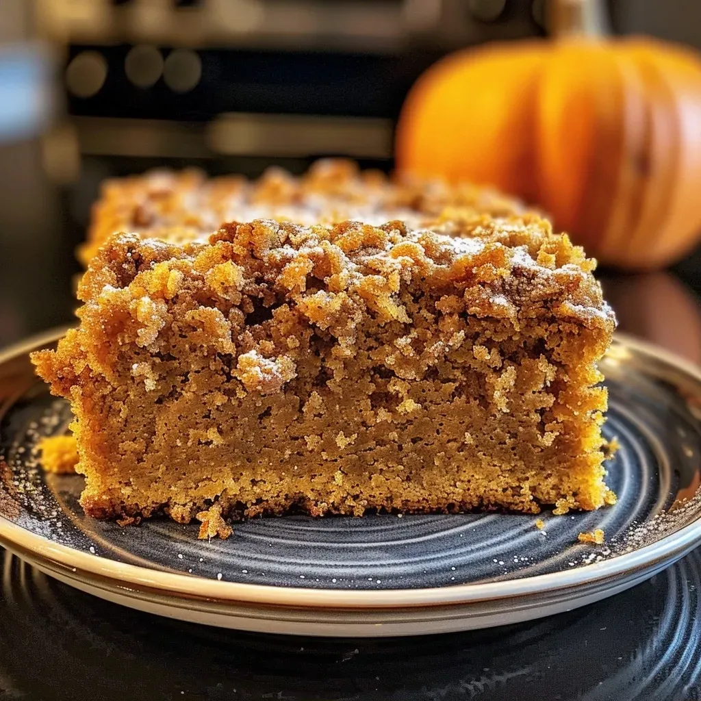 ['Close-up view of a moist Pumpkin Spice Crumb Cake with a crumbly topping.', 'Side view of a luscious Pumpkin Spice Crumb Cake showcasing its rich layers.', 'Detailed image of Pumpkin Spice Crumb Cake with a golden-brown crust and crumbles.', 'Close view of a slice of Pumpkin Spice Crumb Cake adorned with spices and texture.']