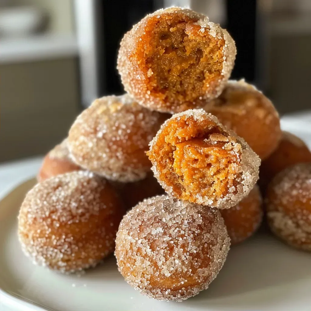 ['Close-up of fluffy pumpkin spice donut holes dusted with cinnamon sugar.', 'Side view of golden-brown pumpkin spice donut holes arranged on a plate.', 'Juicy pumpkin spice donut holes with a soft texture and warm color.', 'Mouthwatering pumpkin spice donut holes ready to be enjoyed, close-up shot.']