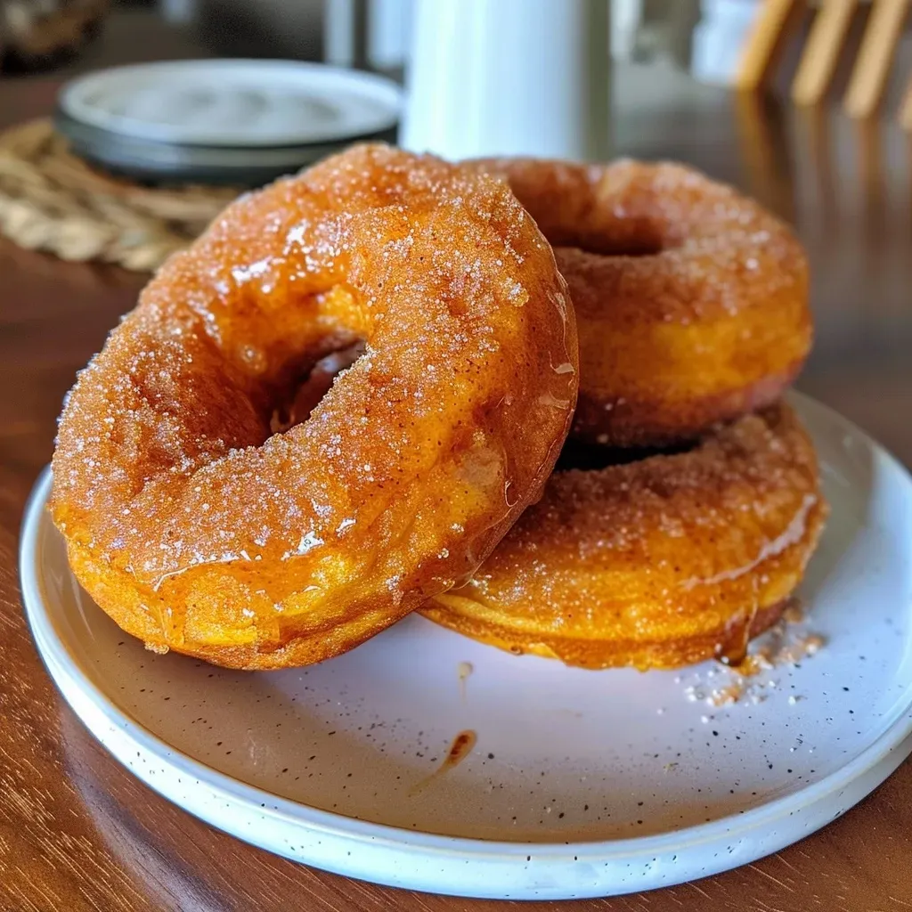 ['A close-up side view of a freshly baked pumpkin spice donut, showcasing its glazed surface and sprinkles.', 'A mouth-watering pumpkin spice donut displayed on a wooden table, highlighting its fluffy texture and warm colors.', 'A side profile view of a golden pumpkin spice donut, glistening with glaze and dusted with cinnamon.', 'A delicious-looking pumpkin spice donut with a shiny glaze, presented on a rustic wooden background.']