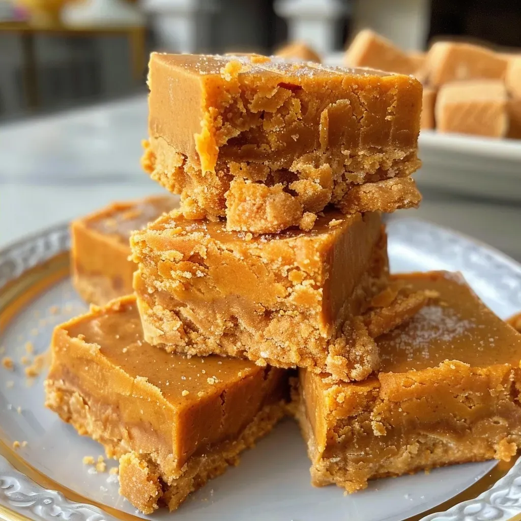 ['Close-up view of creamy pumpkin spice fudge with a glossy surface.', 'Side view of pumpkin spice fudge with visible spices and chocolate morsels.', 'Rich, colorful pumpkin spice fudge topped with crushed gingersnap cookies.', 'A slice of pumpkin spice fudge showcased on a wooden surface.']