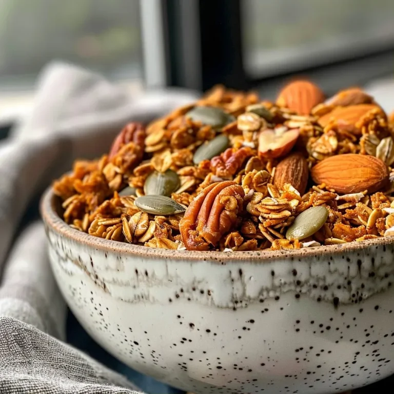 ['Close-up view of golden brown pumpkin spice granola in a bowl, showcasing its crunchy texture.', 'A side view of a bowl filled with pumpkin spice granola, displaying oats, nuts, and seeds.', 'Detailed look at a bowl of pumpkin spice granola, with visible ingredients like pecans and coconut.', 'A vibrant close-up of pumpkin spice granola, highlighting its rich colors and crunchy mix.']