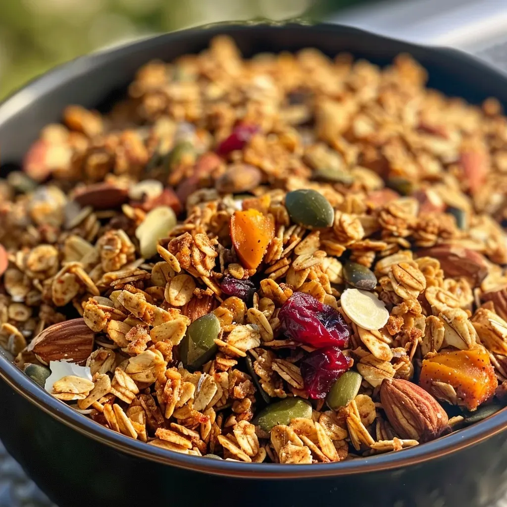 Close-up view of golden brown pumpkin spice granola in a bowl, showcasing its crunchy texture.