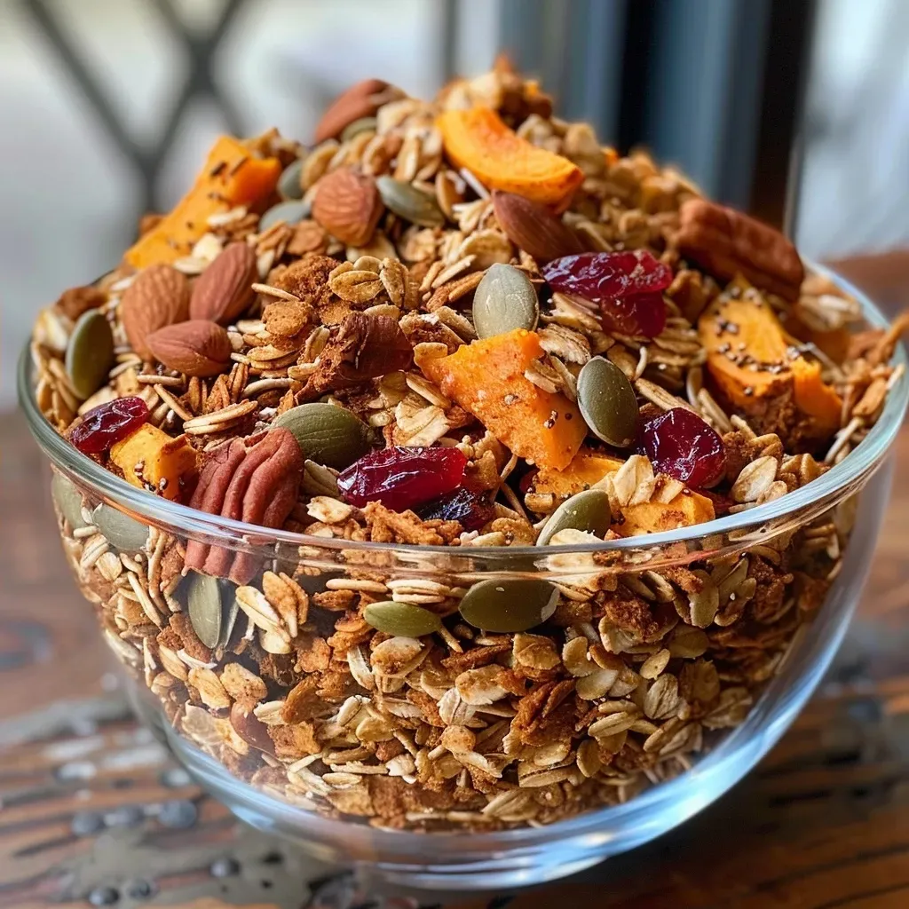 ['Close-up view of a bowl filled with Pumpkin Spice Granola, showcasing its crunchy texture and colorful ingredients.', 'Side perspective of Pumpkin Spice Granola, highlighting oats, seeds, and nuts intermingled with warm spices.', 'Detailed image of a wooden bowl containing Pumpkin Spice Granola, emphasizing its golden-brown color and scattered toppings.', 'Close-up shot of Pumpkin Spice Granola, featuring glistening clusters and a sprinkle of pumpkin seeds and cranberries.']