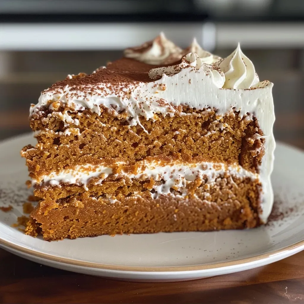 ['Close-up side view of a slice of pumpkin spice latte cake with creamy frosting.', 'A moist pumpkin spice latte cake displayed from the side, showcasing its layers and rich frosting.', 'Side view photo highlighting the delicious layers and topping of pumpkin spice latte cake.', 'Detailed side close-up of a pumpkin spice latte cake slice with creamy icing and spices.']