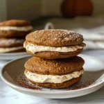 ['Close-up view of a Pumpkin Spice Latte Whoopie Pie with creamy filling.', 'Side view of two Pumpkin Spice Latte Whoopie Pies stacked, showing texture and color.', 'A delicious Pumpkin Spice Latte Whoopie Pie filled with creamy frosting, ready to eat.', 'Close-up of a moist Pumpkin Spice Latte Whoopie Pie with a rich filling.']