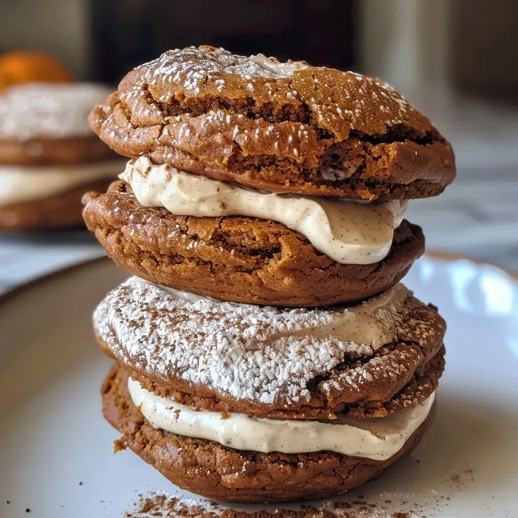 ['Close-up view of a Pumpkin Spice Latte Whoopie Pie with creamy filling.', 'Side view of two Pumpkin Spice Latte Whoopie Pies stacked, showing texture and color.', 'A delicious Pumpkin Spice Latte Whoopie Pie filled with creamy frosting, ready to eat.', 'Close-up of a moist Pumpkin Spice Latte Whoopie Pie with a rich filling.']